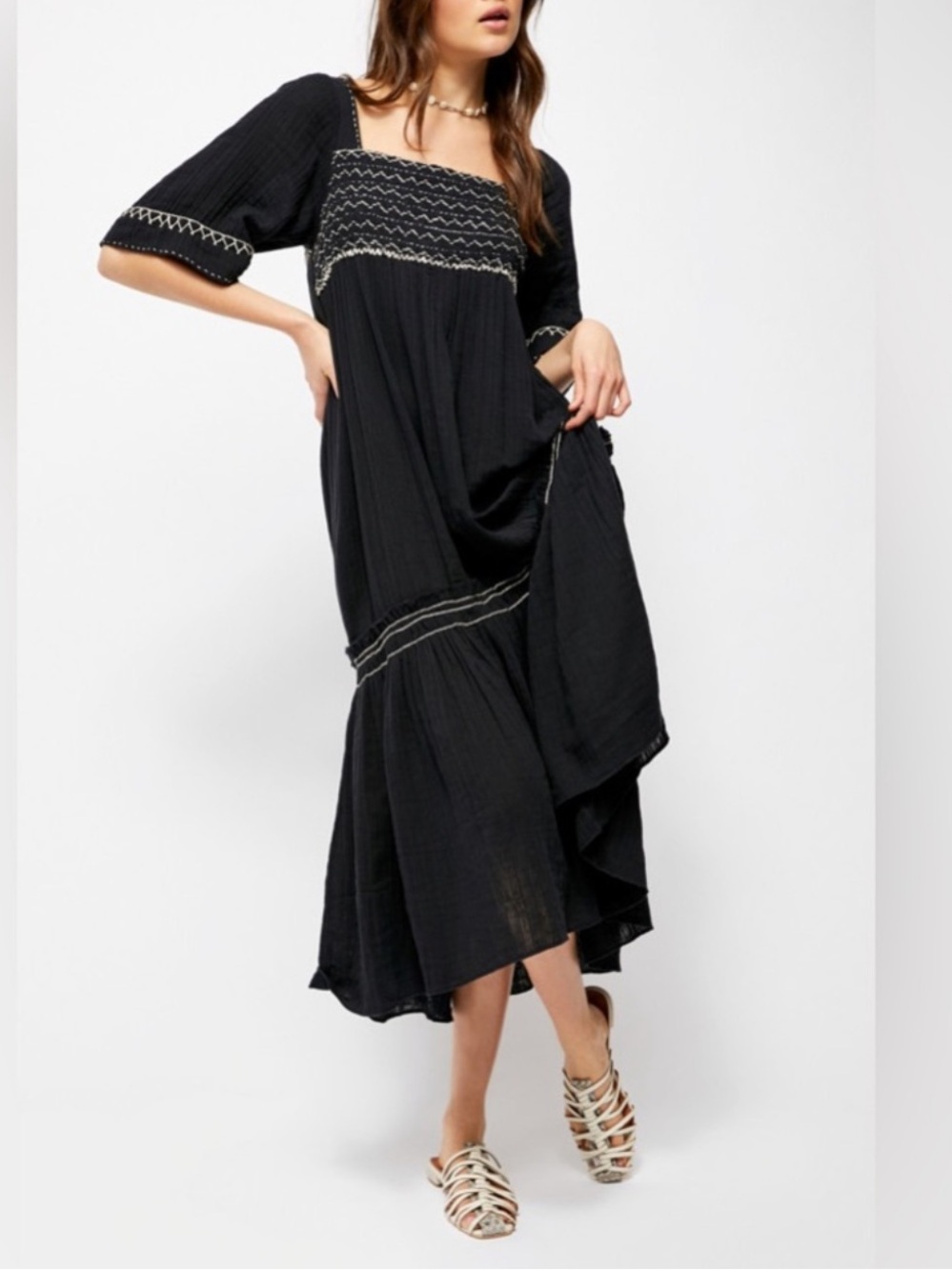 Free people I’m the one Black Embroidered Square-Neck Maxi Dress